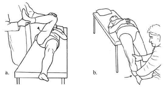 Şekil 3: a. Önde sıkışma testinde akut fleksiyon adduksiyon ve iç rotasyonda, b. Arkada sıkışma testinde ise ekstansiyon, abduksiyon ve dış rotasyonda eklemde ağrı oluşur.
